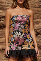 Load image into Gallery viewer, Floral Jacquard Black Bodycon Strapless Ruffled Short Prom Dress