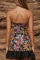 Load image into Gallery viewer, Floral Jacquard Black Bodycon Strapless Ruffled Short Prom Dress