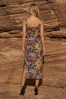 Black Floral Jacquard Sheath Long Prom Dress with Slit