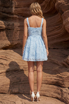 Sparkly Sky Blue Floral A Line Square Neck Beaded Short Prom Dress