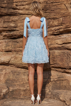 Sparkly Floral Sky Blue A Line Square Neck Beaded Short Prom Dress with Bows