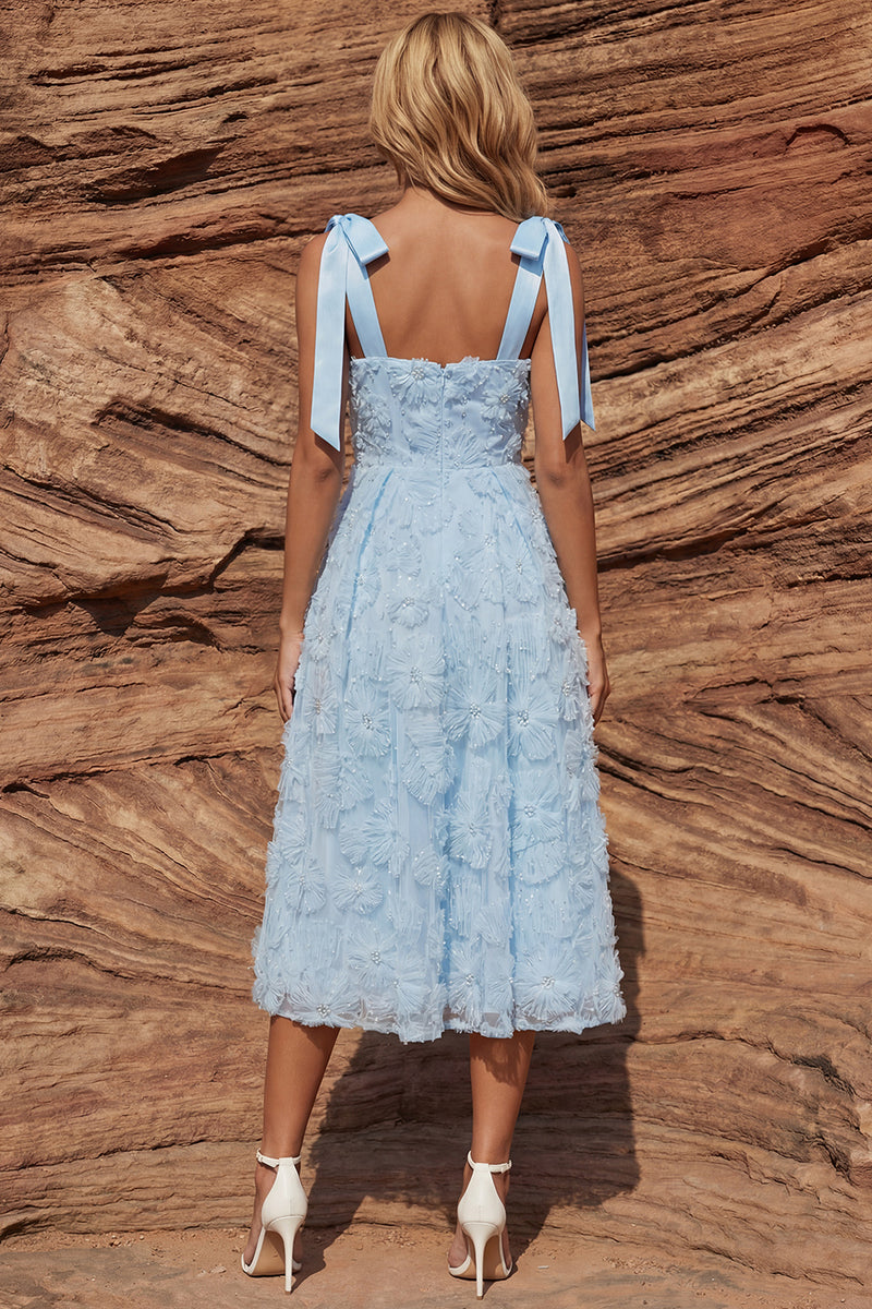 Load image into Gallery viewer, Sparkly Sky Blue A Line Floral Beaded Square Neck Long Prom Dress with Bows