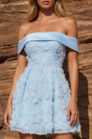 Load image into Gallery viewer, Sparkly Floral Sky Blue Beaded A Line Off the Shoulder Short Prom Dress