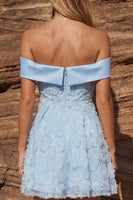 Load image into Gallery viewer, Sparkly Floral Sky Blue Beaded A Line Off the Shoulder Short Prom Dress