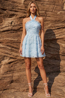 Load image into Gallery viewer, Sparkly Floral Sky Blue Halter Ruffled Beaded A Line Short Prom Dress