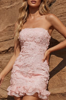 Load image into Gallery viewer, Strapless Floral Light Pink Bodycon Ruffled Short Prom Dress