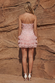 Strapless Floral Ruffled Light Pink Bodycon Short Prom Dress