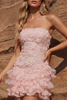 Load image into Gallery viewer, Strapless Floral Ruffled Light Pink Bodycon Short Prom Dress
