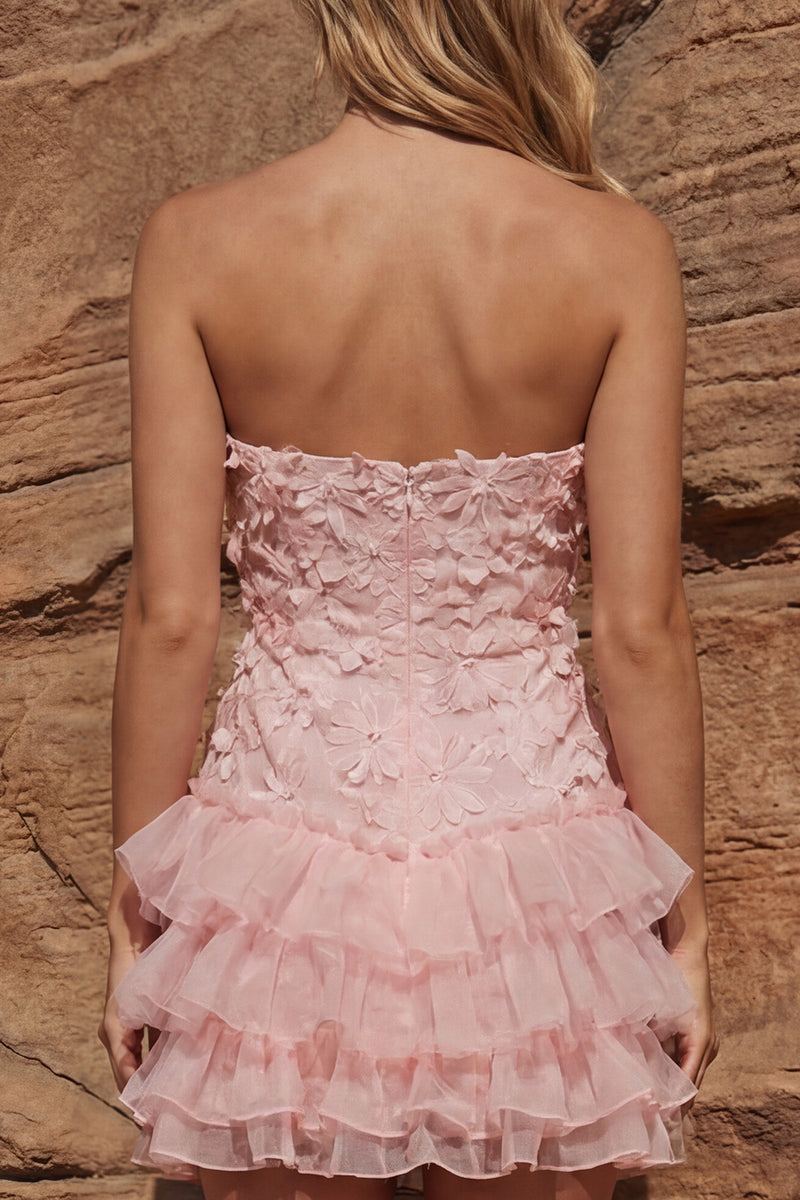 Load image into Gallery viewer, Strapless Floral Ruffled Light Pink Bodycon Short Prom Dress