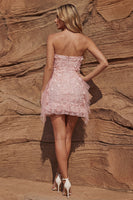 Load image into Gallery viewer, Floral Strapless Light Pink Ruffled Bodycon Short Prom Dress