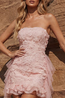 Load image into Gallery viewer, Floral Strapless Light Pink Ruffled Bodycon Short Prom Dress