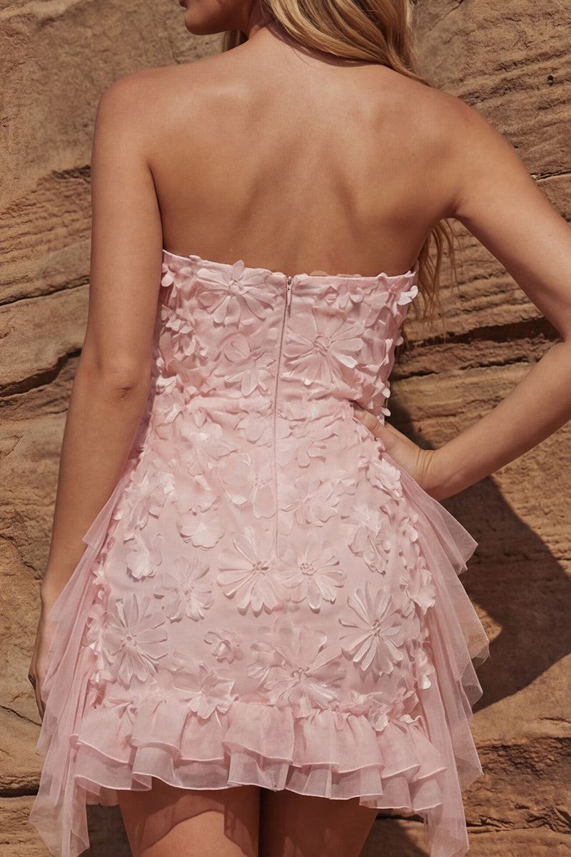 Load image into Gallery viewer, Floral Strapless Light Pink Ruffled Bodycon Short Prom Dress