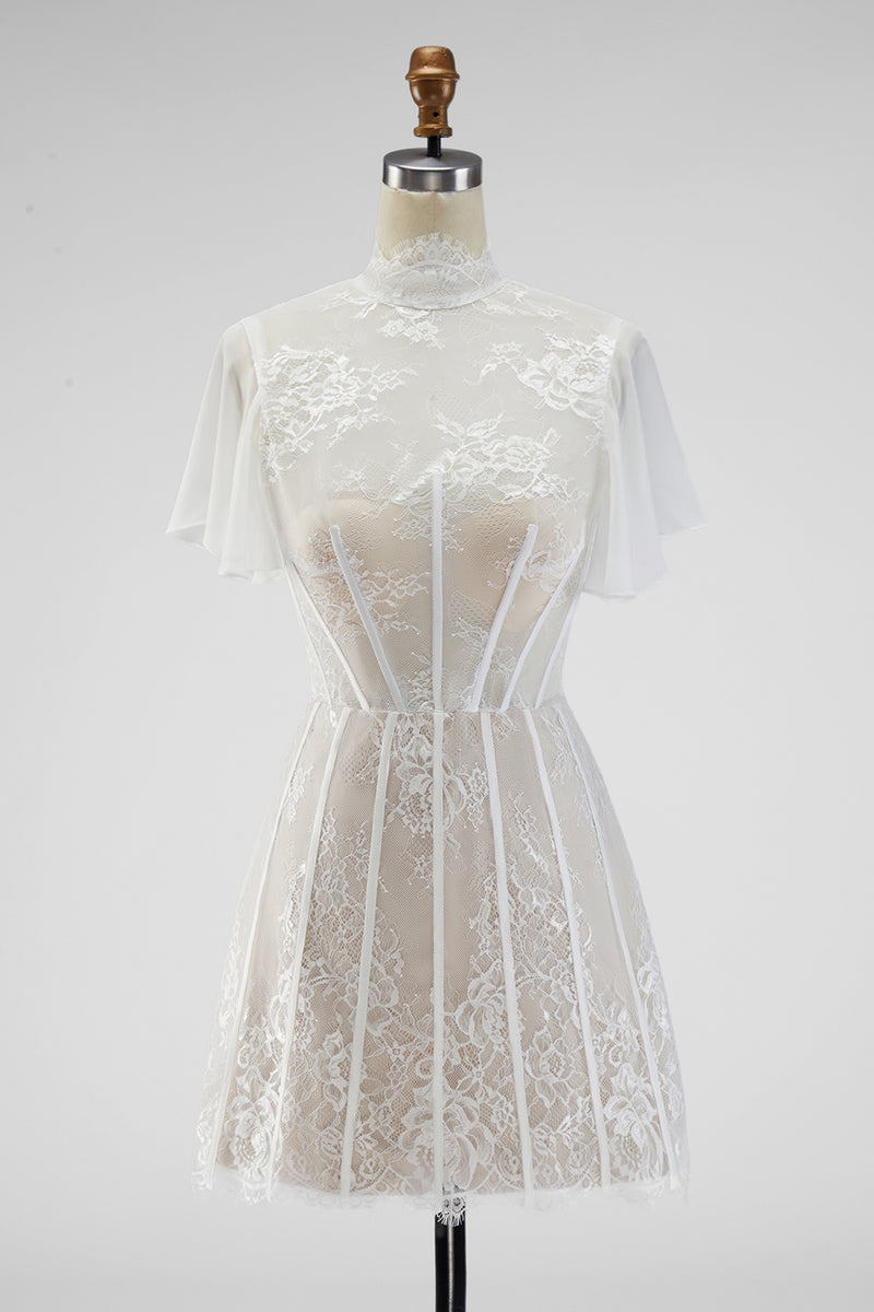 Load image into Gallery viewer, White A Line Short High Neck Corset Boho Wedding Dress with Ruffles
