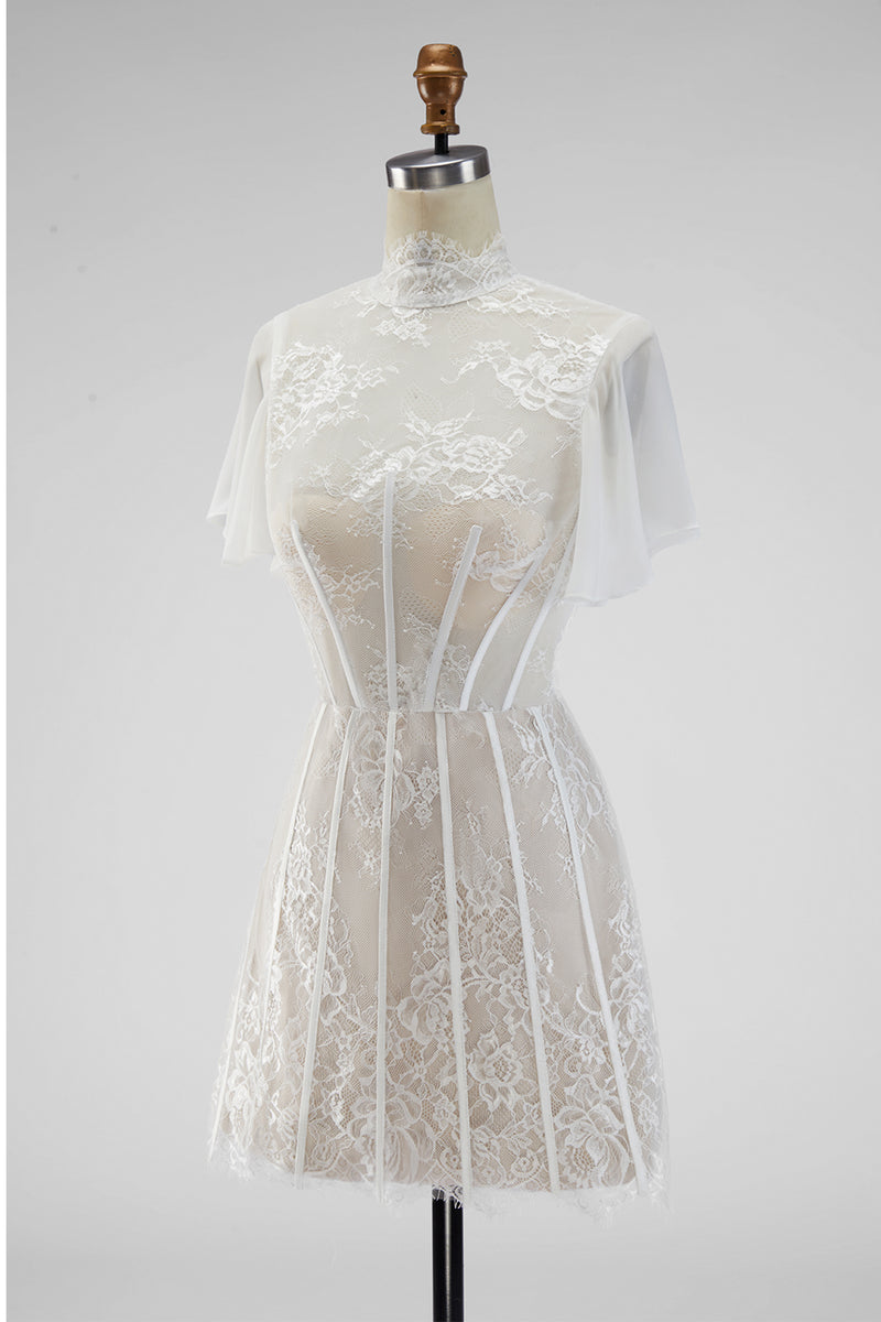 Load image into Gallery viewer, White A Line Short High Neck Corset Boho Wedding Dress with Ruffles