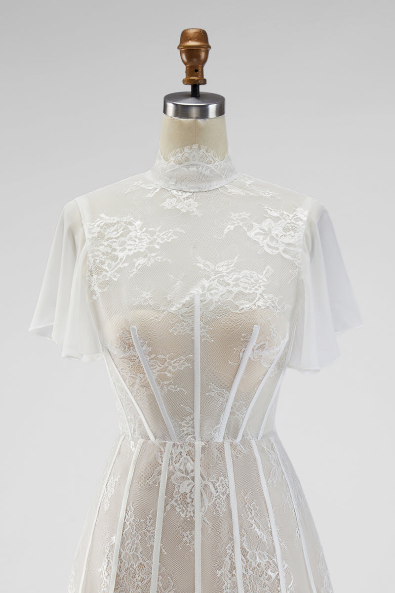 Load image into Gallery viewer, White A Line Short High Neck Corset Boho Wedding Dress with Ruffles