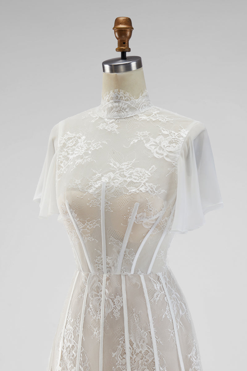 Load image into Gallery viewer, White A Line Short High Neck Corset Boho Wedding Dress with Ruffles