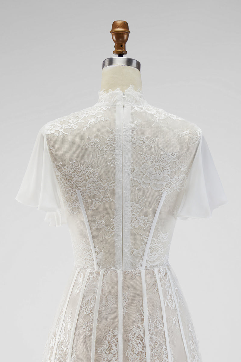 Load image into Gallery viewer, White A Line Short High Neck Corset Boho Wedding Dress with Ruffles