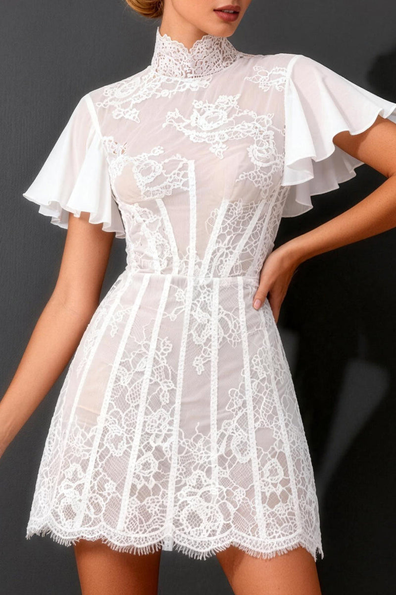 Load image into Gallery viewer, White A Line Short High Neck Corset Boho Wedding Dress with Ruffles