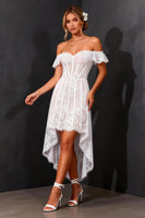 Load image into Gallery viewer, White Off the Shoulder Corset A Line High-Low Boho Wedding Dress