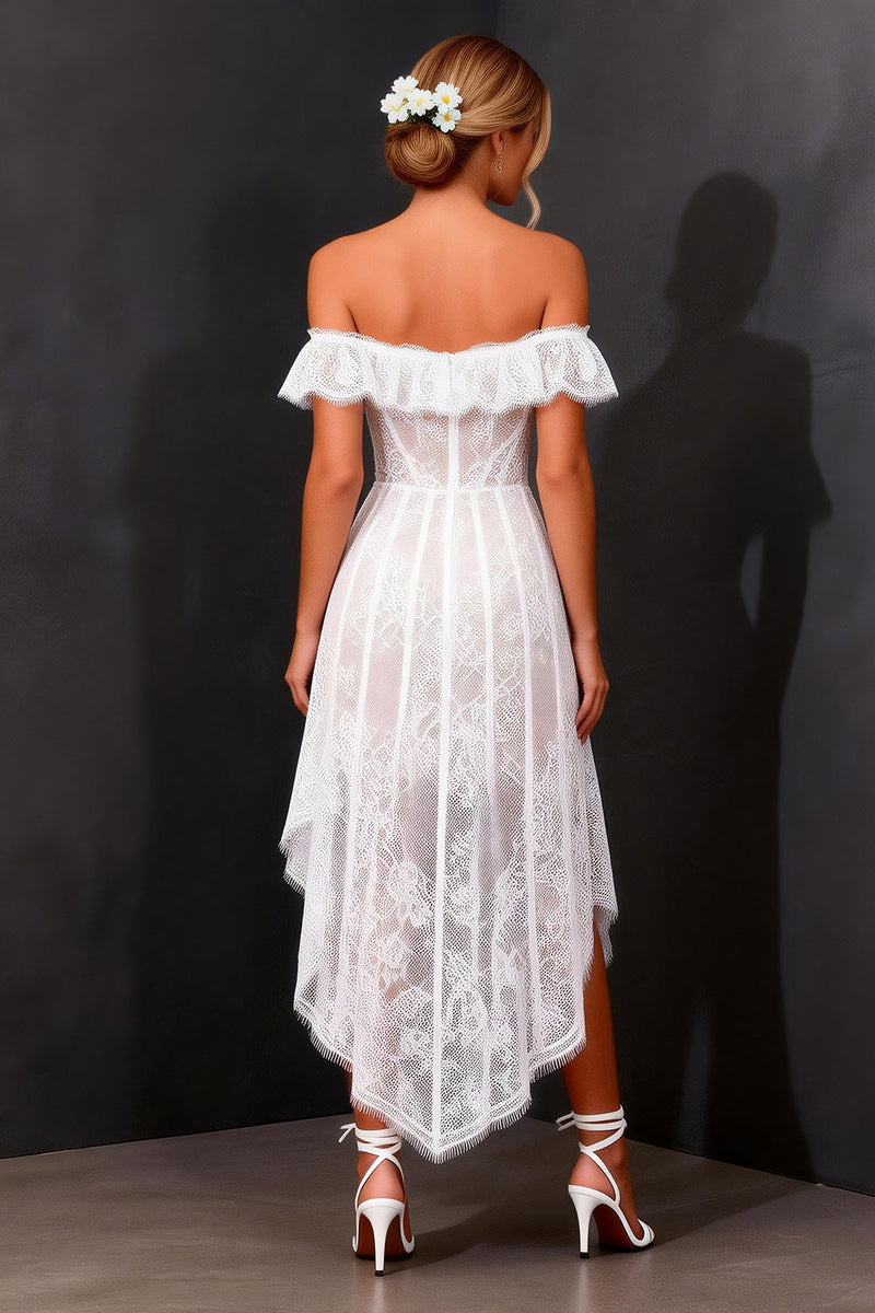 Load image into Gallery viewer, White Off the Shoulder Corset A Line High-Low Boho Wedding Dress