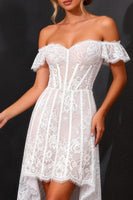 Load image into Gallery viewer, White Off the Shoulder Corset A Line High-Low Boho Wedding Dress