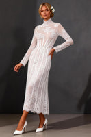 Load image into Gallery viewer, White Corset High Neck Lace A Line Maxi Boho Wedding Dress with Sleeves
