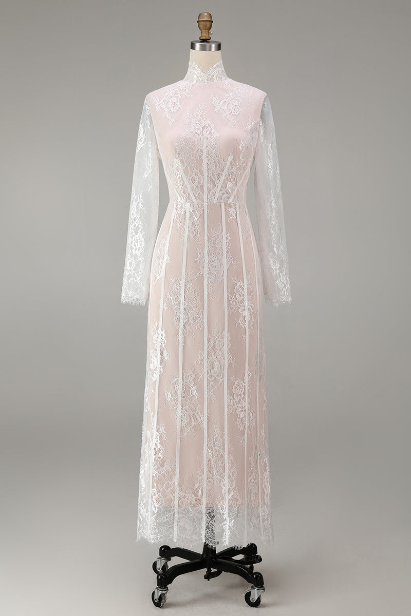 Load image into Gallery viewer, White Corset High Neck Lace A Line Maxi Boho Wedding Dress with Sleeves