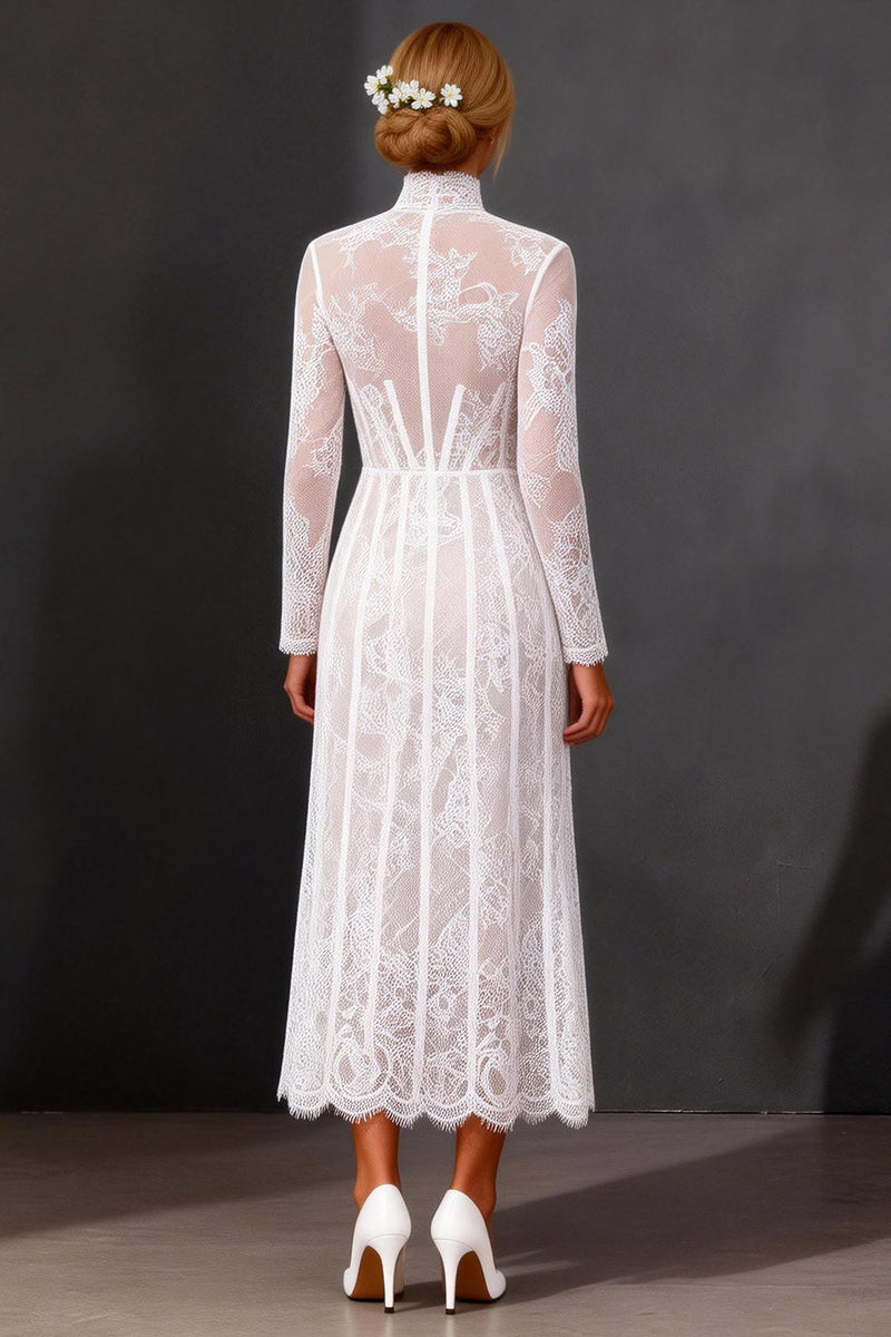 Load image into Gallery viewer, White Corset High Neck Lace A Line Maxi Boho Wedding Dress with Sleeves