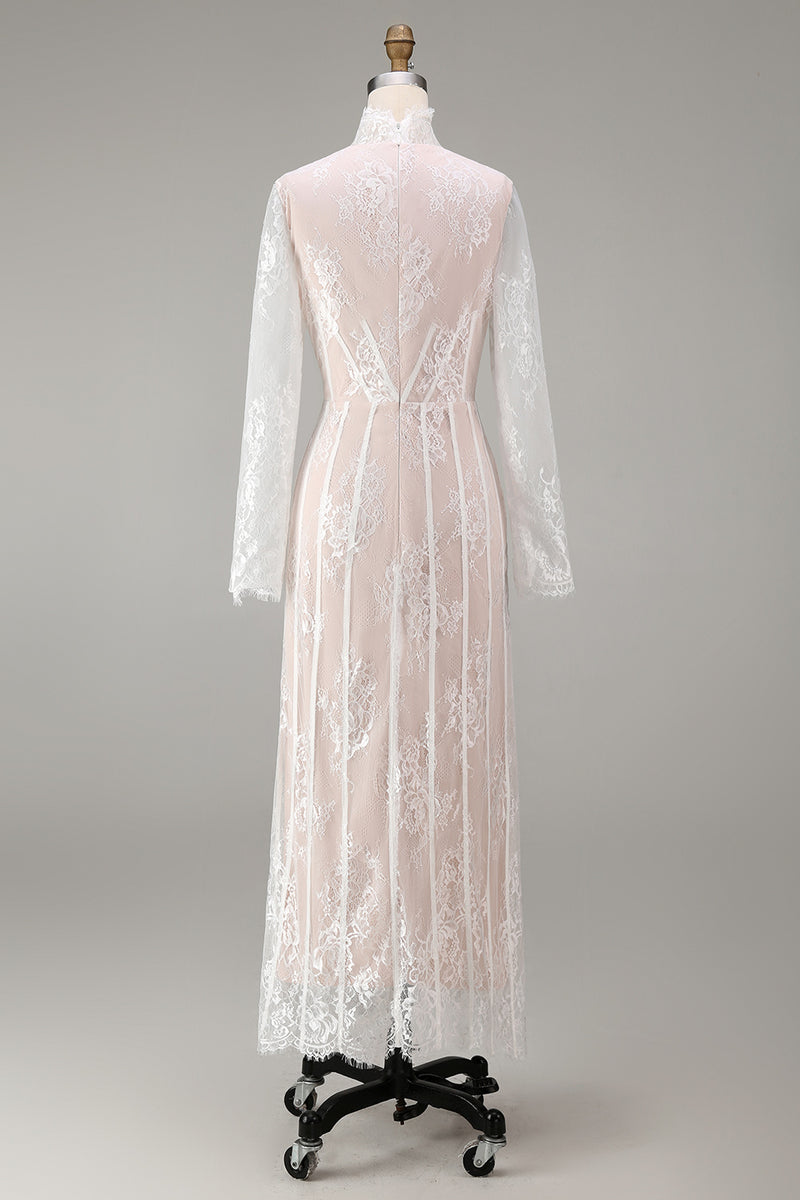 Load image into Gallery viewer, White Corset High Neck Lace A Line Maxi Boho Wedding Dress with Sleeves