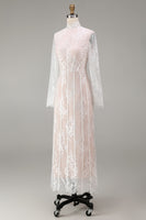 Load image into Gallery viewer, White Corset High Neck Lace A Line Maxi Boho Wedding Dress with Sleeves
