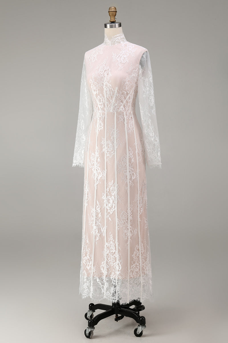 Load image into Gallery viewer, White Corset High Neck Lace A Line Maxi Boho Wedding Dress with Sleeves