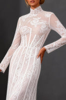 Load image into Gallery viewer, White Corset High Neck Lace A Line Maxi Boho Wedding Dress with Sleeves