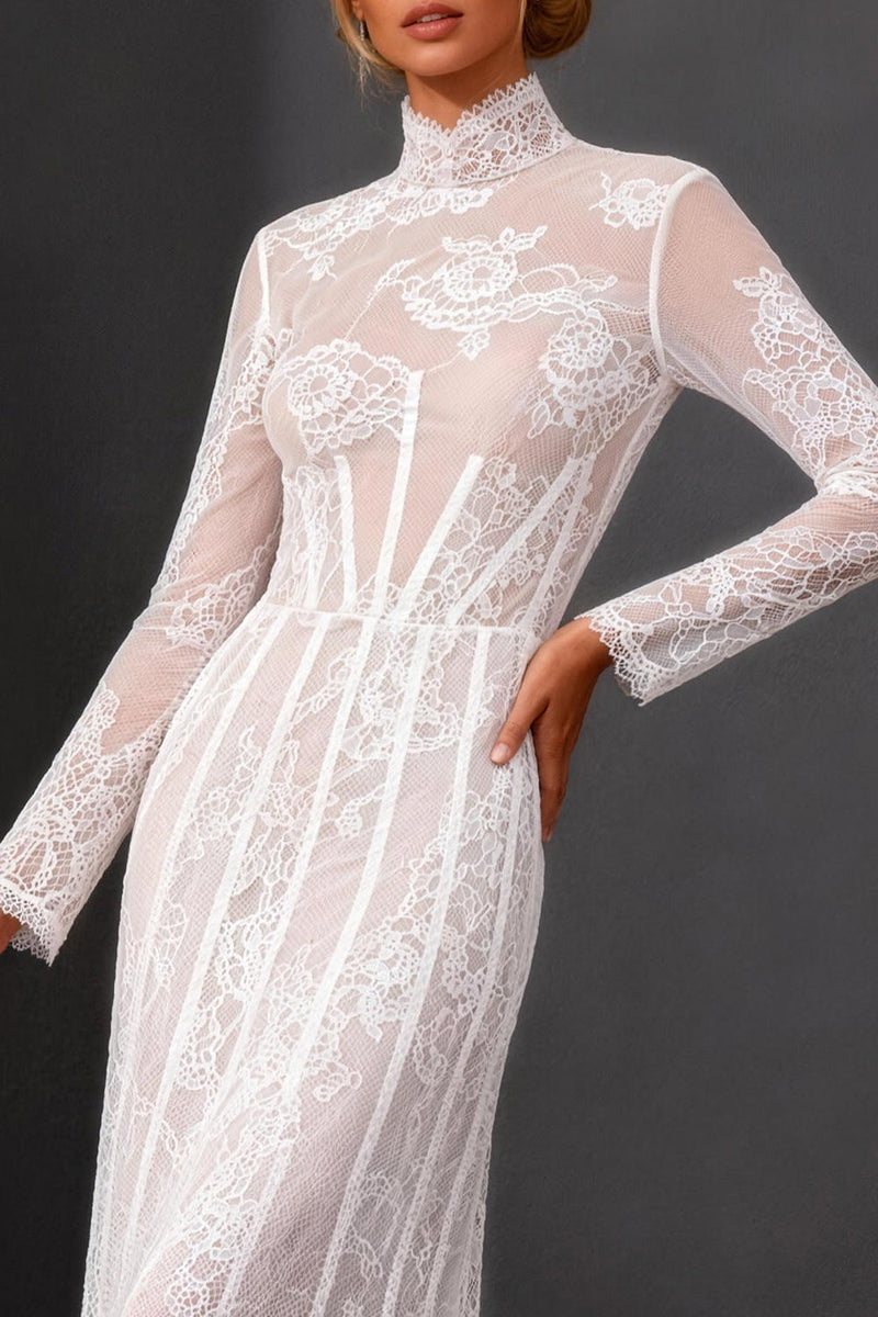 Load image into Gallery viewer, White Corset High Neck Lace A Line Maxi Boho Wedding Dress with Sleeves