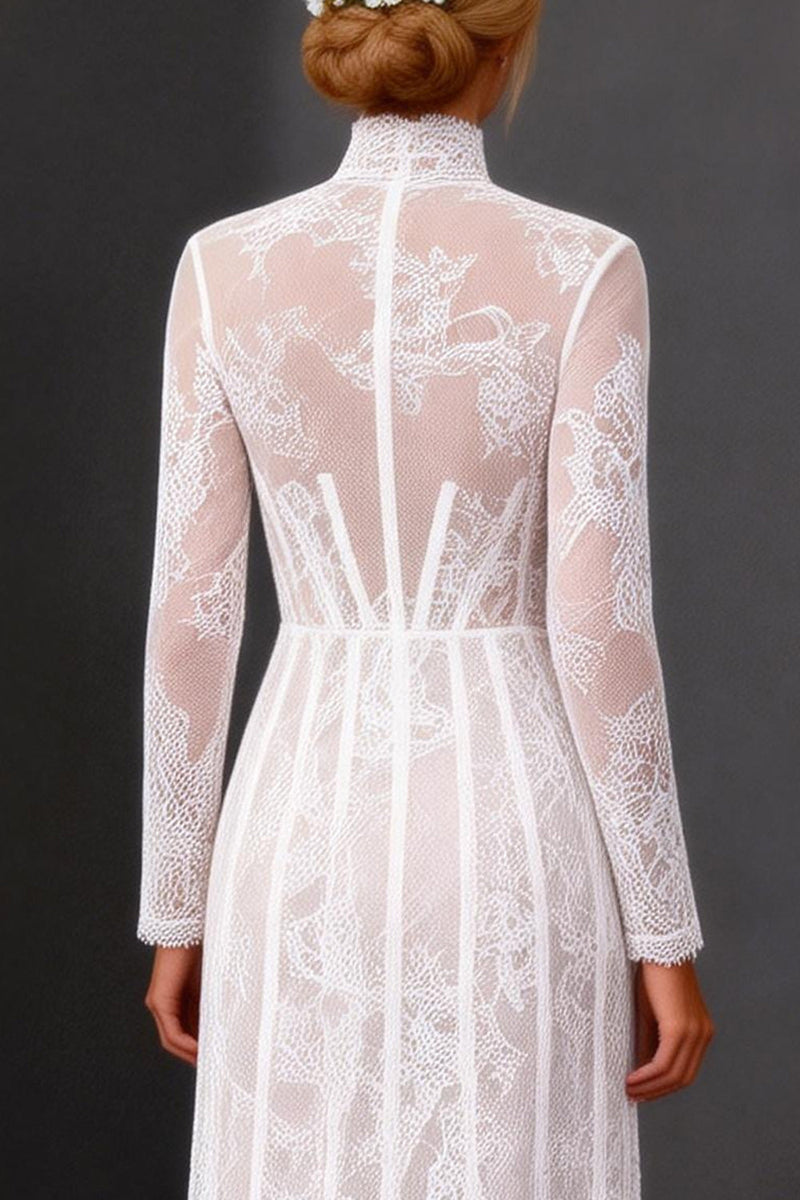 Load image into Gallery viewer, White Corset High Neck Lace A Line Maxi Boho Wedding Dress with Sleeves