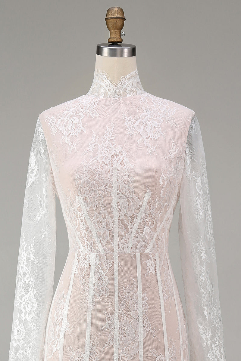 Load image into Gallery viewer, White Corset High Neck Lace A Line Maxi Boho Wedding Dress with Sleeves