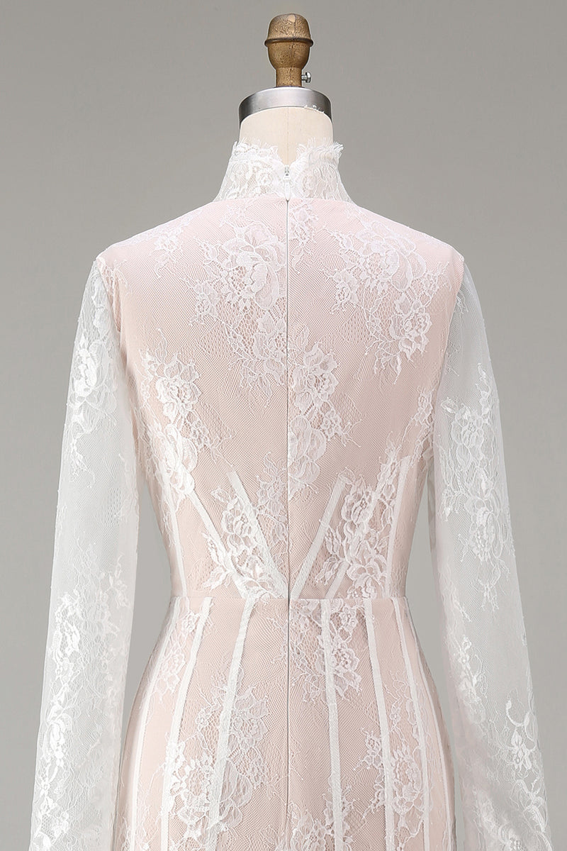 Load image into Gallery viewer, White Corset High Neck Lace A Line Maxi Boho Wedding Dress with Sleeves