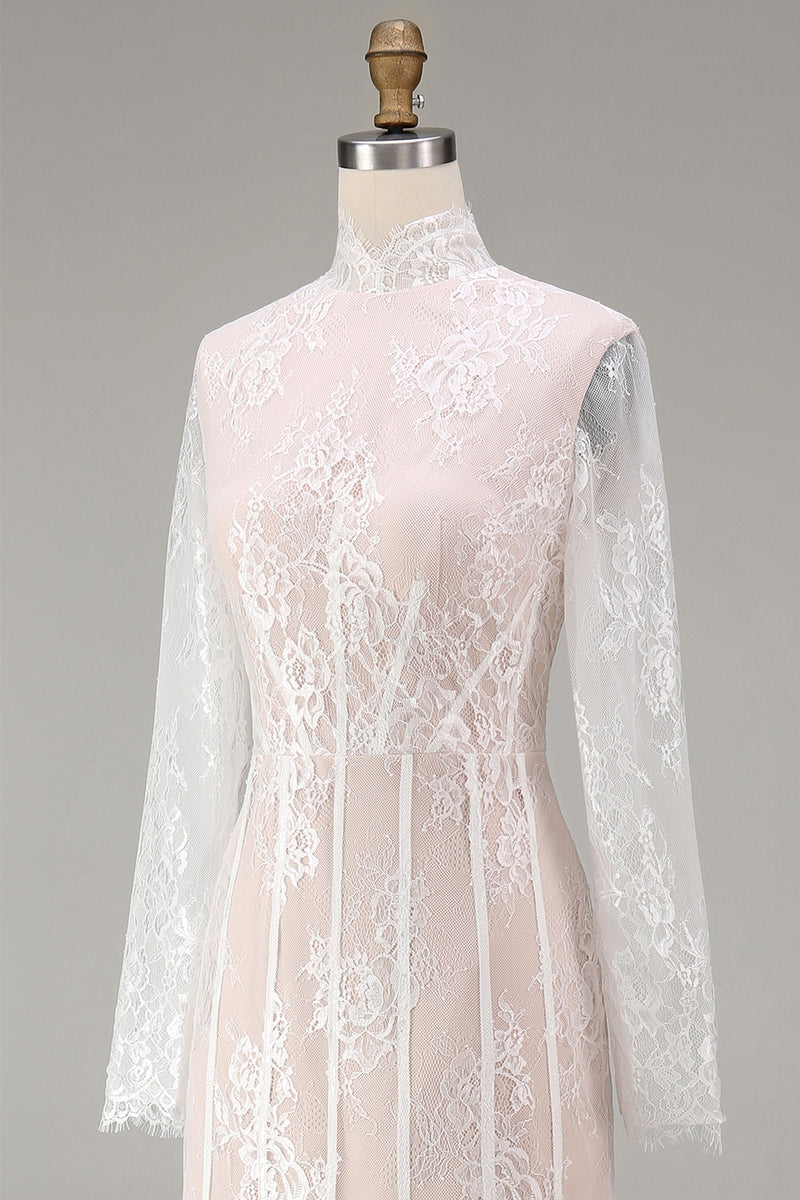 Load image into Gallery viewer, White Corset High Neck Lace A Line Maxi Boho Wedding Dress with Sleeves