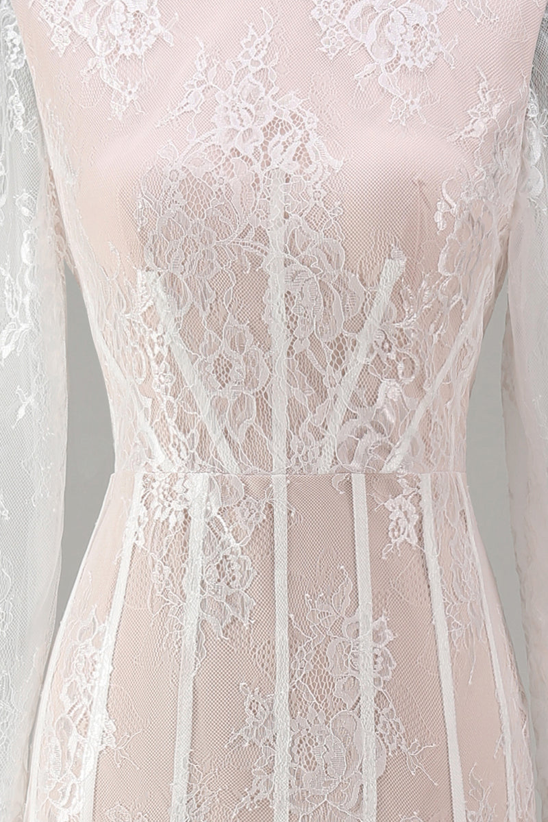 Load image into Gallery viewer, White Corset High Neck Lace A Line Maxi Boho Wedding Dress with Sleeves