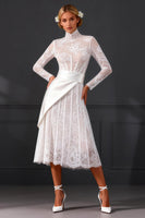 Load image into Gallery viewer, White Long Sleeves A Line Corset High Neck Midi Boho Wedding Dress with Side Cape