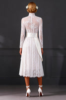 Load image into Gallery viewer, White Long Sleeves A Line Corset High Neck Midi Boho Wedding Dress with Side Cape
