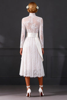White Long Sleeves A Line Corset High Neck Midi Boho Wedding Dress with Side Cape