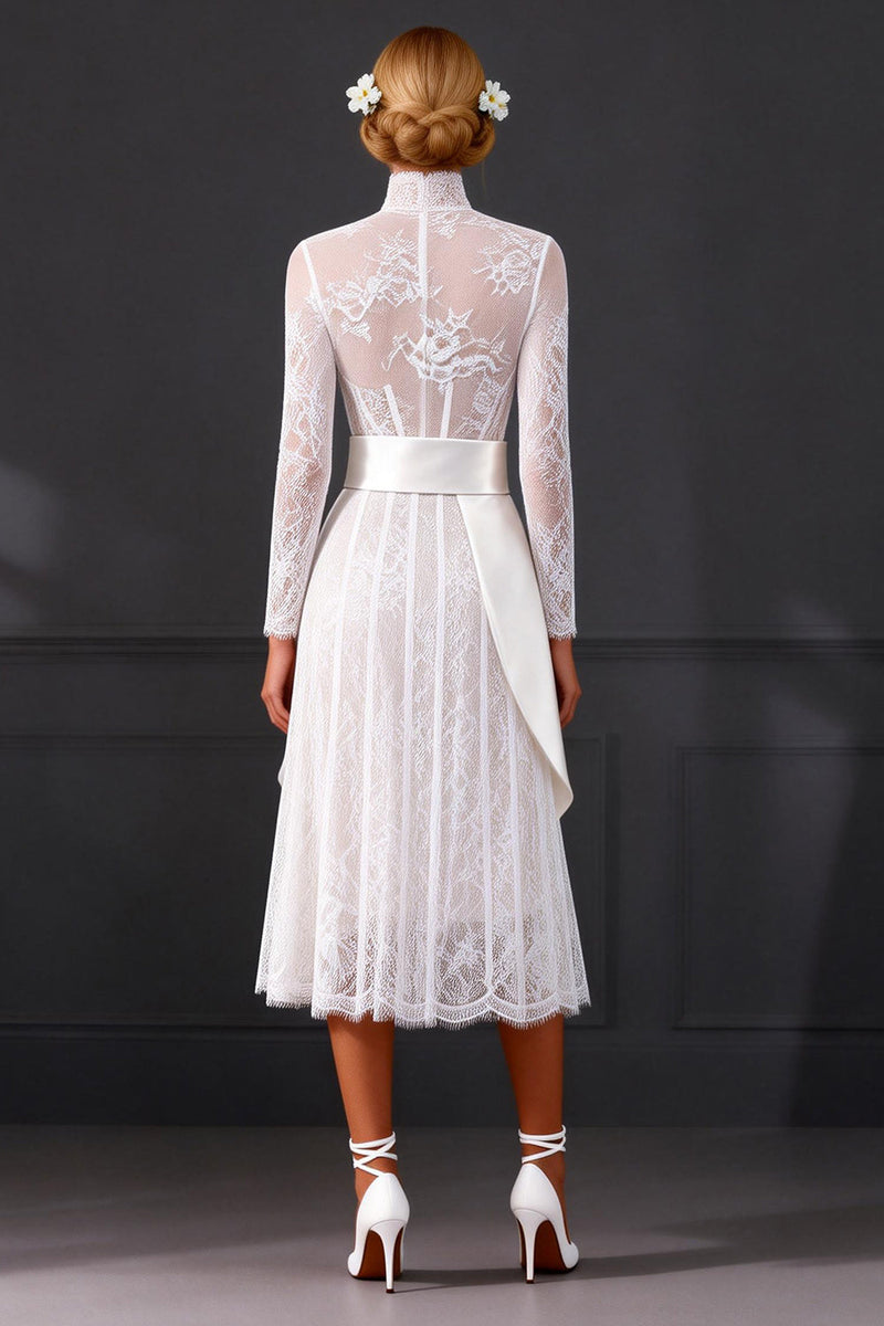 Load image into Gallery viewer, White Long Sleeves A Line Corset High Neck Midi Boho Wedding Dress with Side Cape