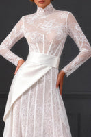 Load image into Gallery viewer, White Long Sleeves A Line Corset High Neck Midi Boho Wedding Dress with Side Cape