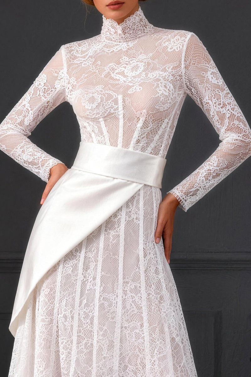 Load image into Gallery viewer, White Long Sleeves A Line Corset High Neck Midi Boho Wedding Dress with Side Cape