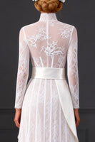 Load image into Gallery viewer, White Long Sleeves A Line Corset High Neck Midi Boho Wedding Dress with Side Cape