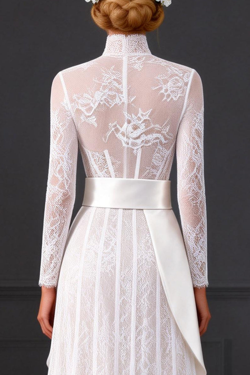 Load image into Gallery viewer, White Long Sleeves A Line Corset High Neck Midi Boho Wedding Dress with Side Cape