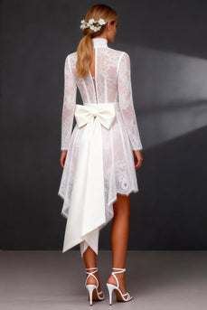 White High Neck High-Low A Line Corset Boho Wedding Dress with Sleeves