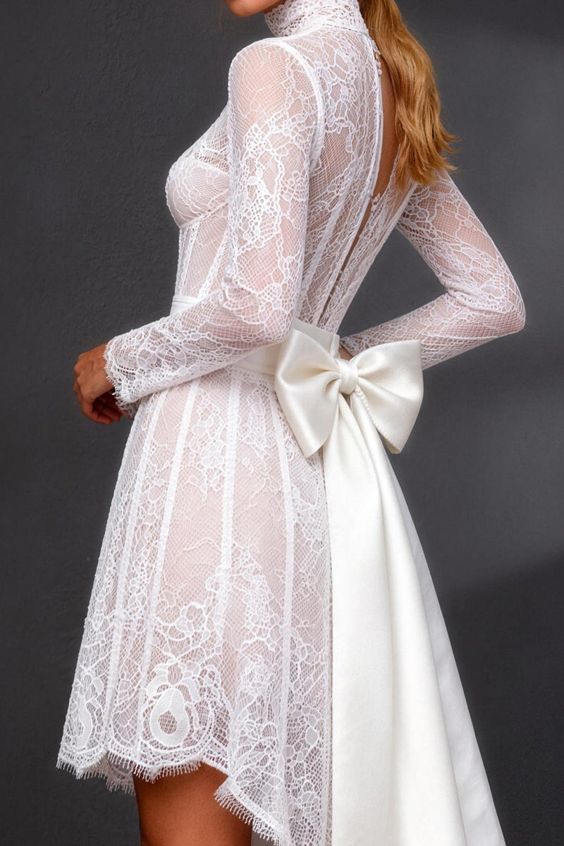 Load image into Gallery viewer, White High Neck High-Low A Line Corset Boho Wedding Dress with Sleeves