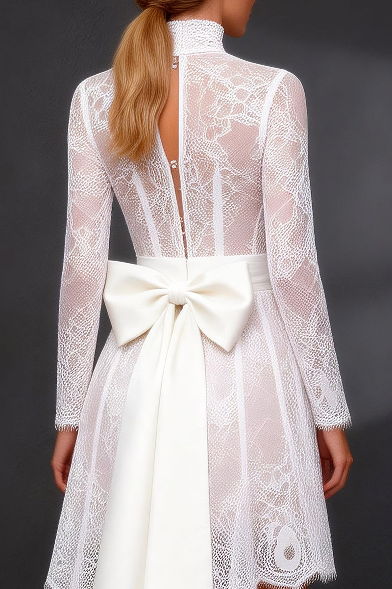 Load image into Gallery viewer, White High Neck High-Low A Line Corset Boho Wedding Dress with Sleeves