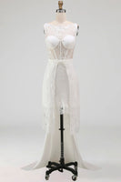 Load image into Gallery viewer, White Boat Neck Corset High Low A Line Boho Wedding Dress with Cape
